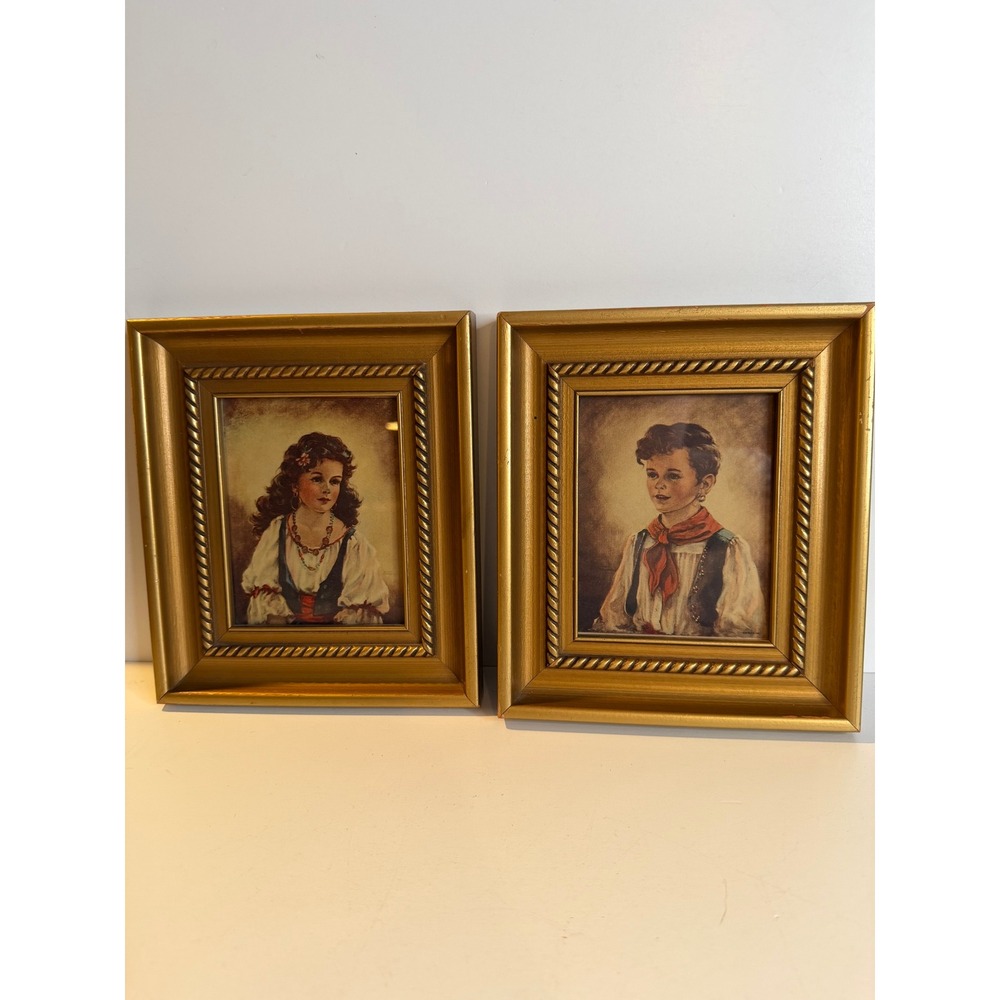 VTG Ann Allaban Gypsy Elena & Chiko Framed Prints Pair Gold Frames European Folk